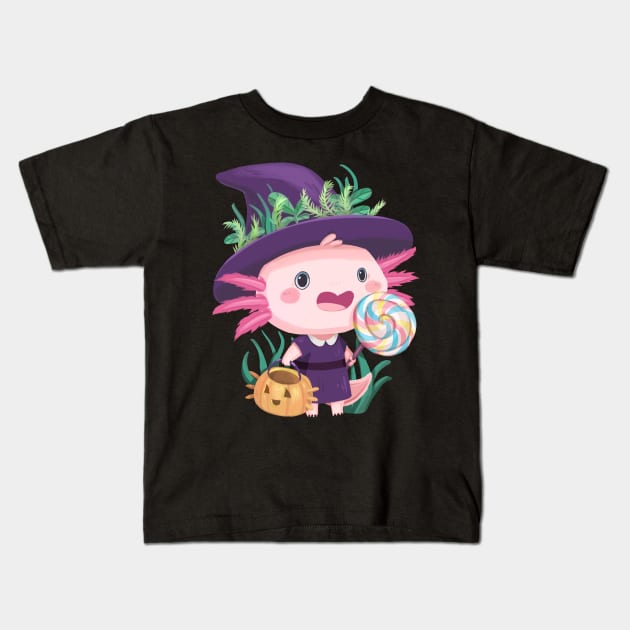 Trick or Treat Witch Axolotl Kids T-Shirt by PamelooArt